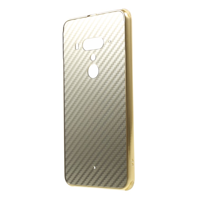 Slide-on Carbon Fiber PC Plate + Metal Bumper Hybrid Protection Shell Case for HTC U12+ - Gold-2