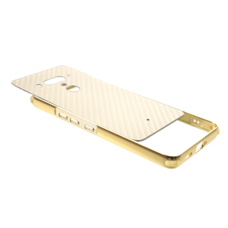 Slide-on Carbon Fiber PC Plate + Metal Bumper Hybrid Protection Shell Case for HTC U12+ - Gold-4