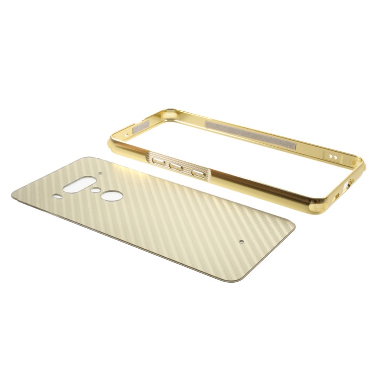 Slide-on Carbon Fiber PC Plate + Metal Bumper Hybrid Protection Shell Case for HTC U12+ - Gold-5