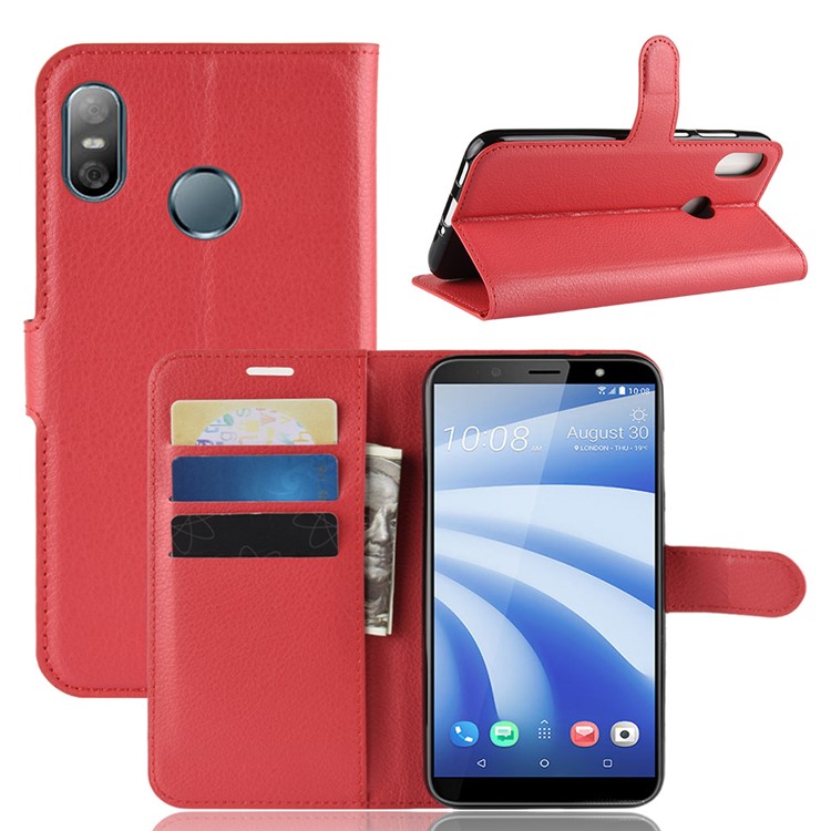 Lichia Pele PU Carteira De Couro Shell Para A Vida HTC U12 - Vermelho-1