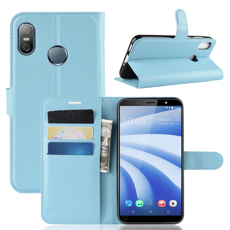 Litchi Skin PU Leather Phone Casing with Card Slots for HTC U12 Life - Blue-1