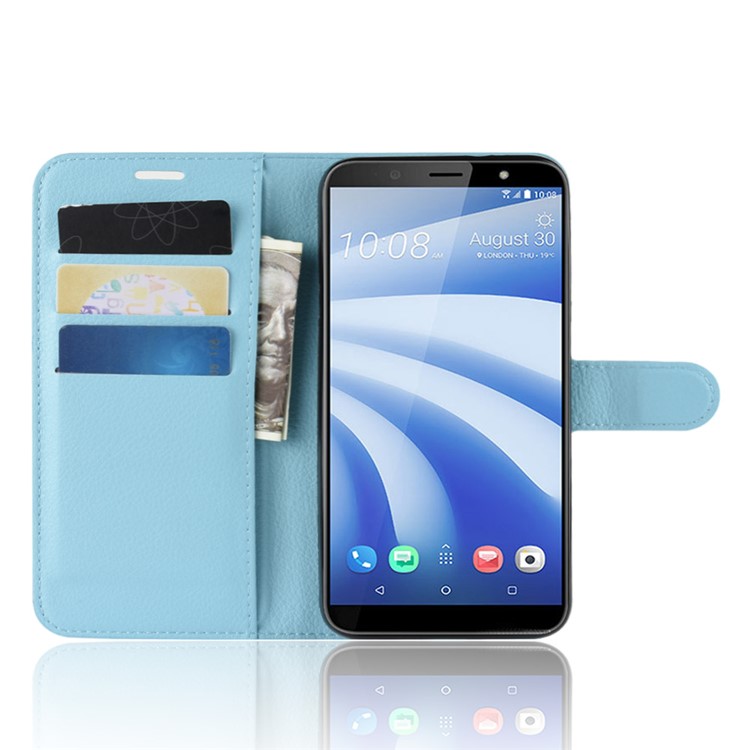 Litchi Skin PU Leather Phone Casing with Card Slots for HTC U12 Life - Blue-4