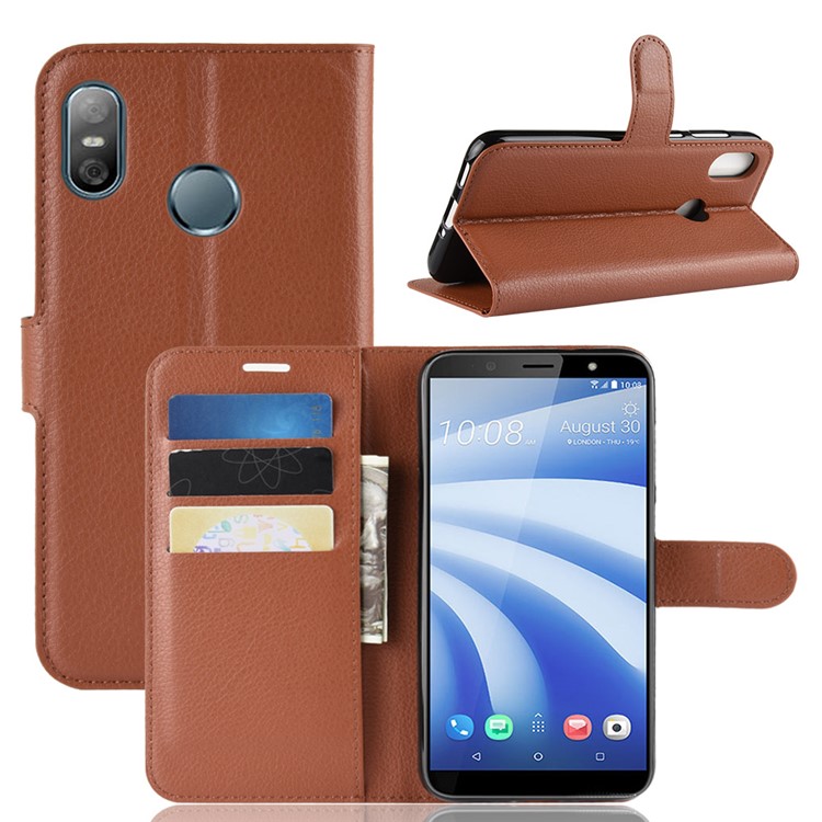 Escudo Do Telefone Móvel Do Couro Do Suporte De Cartão Da Pele Do Lichi Para A Vida De HTC U12 - Castanho-1