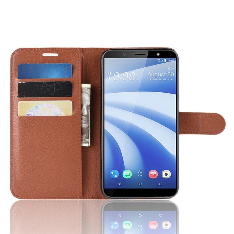 Escudo Do Telefone Móvel Do Couro Do Suporte De Cartão Da Pele Do Lichi Para A Vida De HTC U12 - Castanho-4