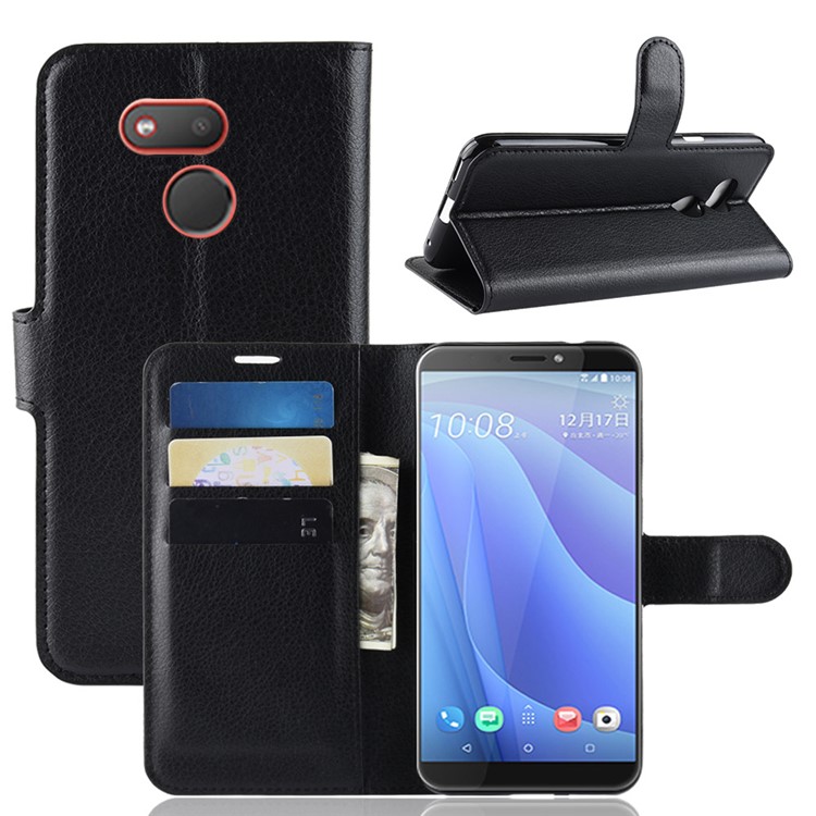 Litchi Skin Wallet Leather Stand Case for HTC Desire 12s - Black-1