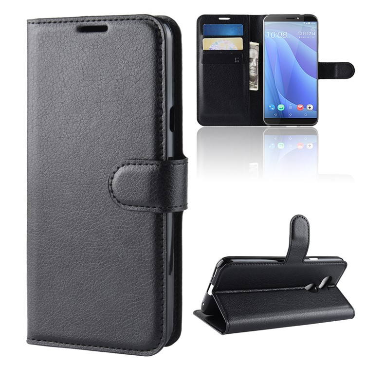 Litchi Skin Wallet Leather Stand Case for HTC Desire 12s - Black-2