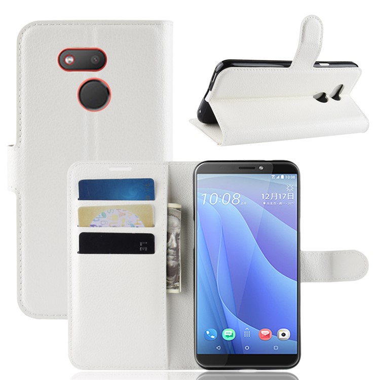 Litchi Skin Wallet Leather Stand Cover for HTC Desire 12s - White-1