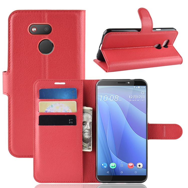 Litchi Skin Wallet Leather Magnetic Case for HTC Desire 12s - Red-1