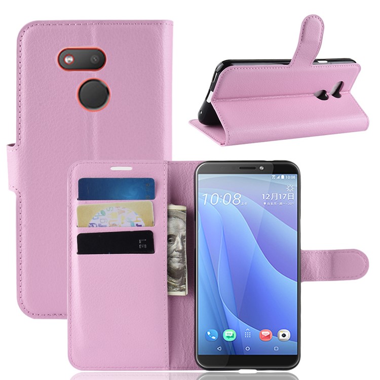 Litchi Skin Magnetic Leather Stand Cover for HTC Desire 12s - Pink-1