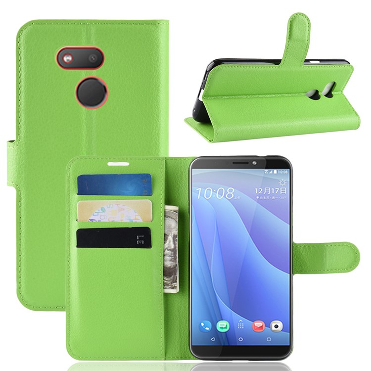 Litchi Skin Leather Wallet Stand Case for HTC Desire 12s - Green-1