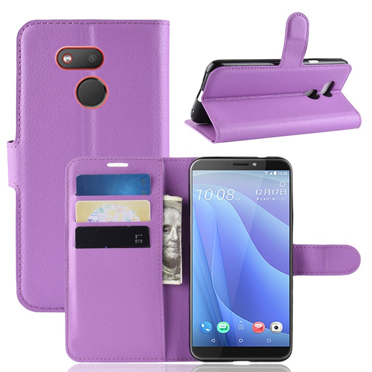Litchi Skin Leather Stand Case with Card Slots for HTC Desire 12s - Purple-1