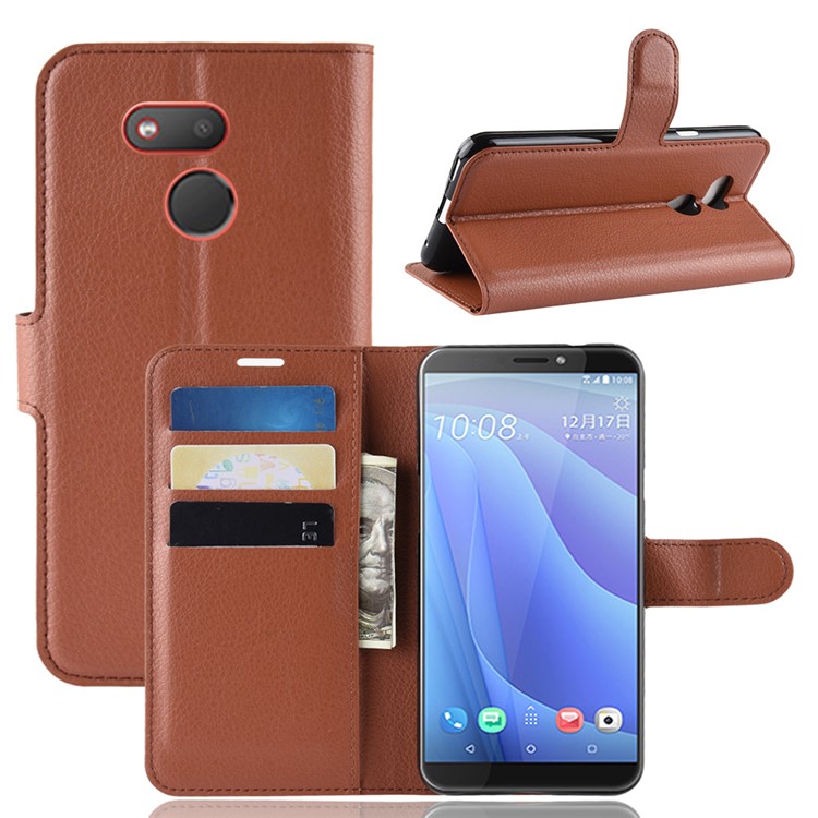 Litchi Skin Leather Stand Cover with Card Slots for HTC Desire 12s - Brown-1