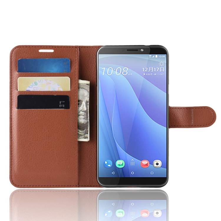 Litchi Skin Leather Stand Cover with Card Slots for HTC Desire 12s - Brown-5