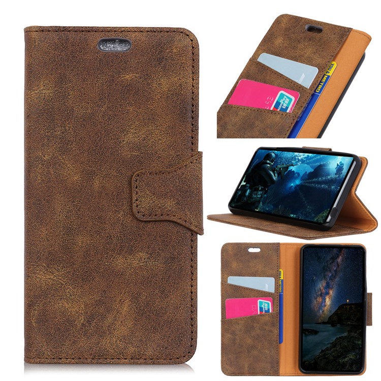 Vintage Style Leather Wallet Stand Case for HTC Desire 12s - Coffee-1