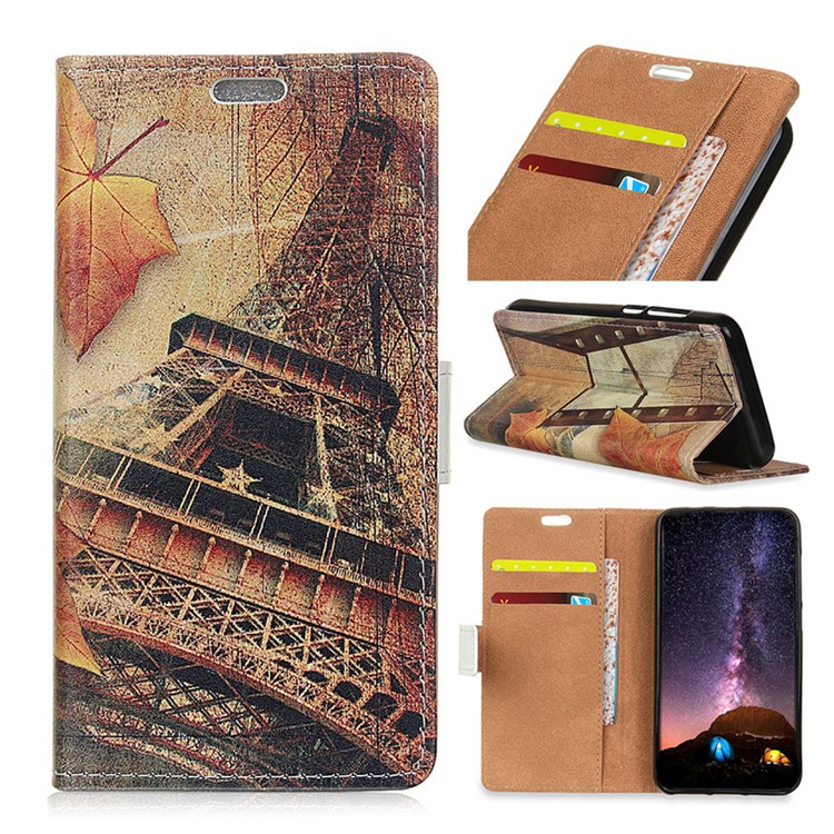 Patterned Leather Protective Shell Case for HTC Desire 12s - Eiffel Tower and Maple Leaves-1