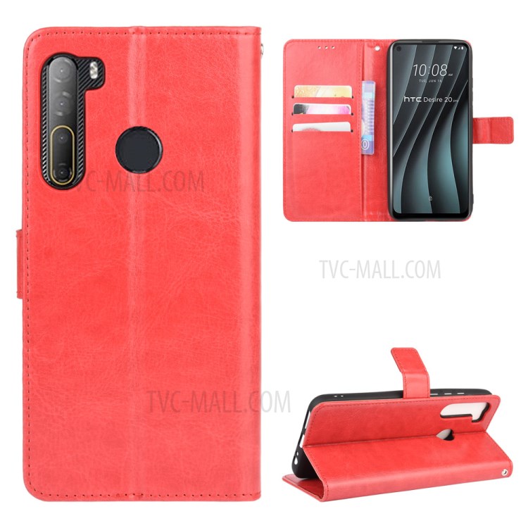 Crazy Horse Wallet Stand Leather Cover Case for HTC Desire 20 Pro - Red-1