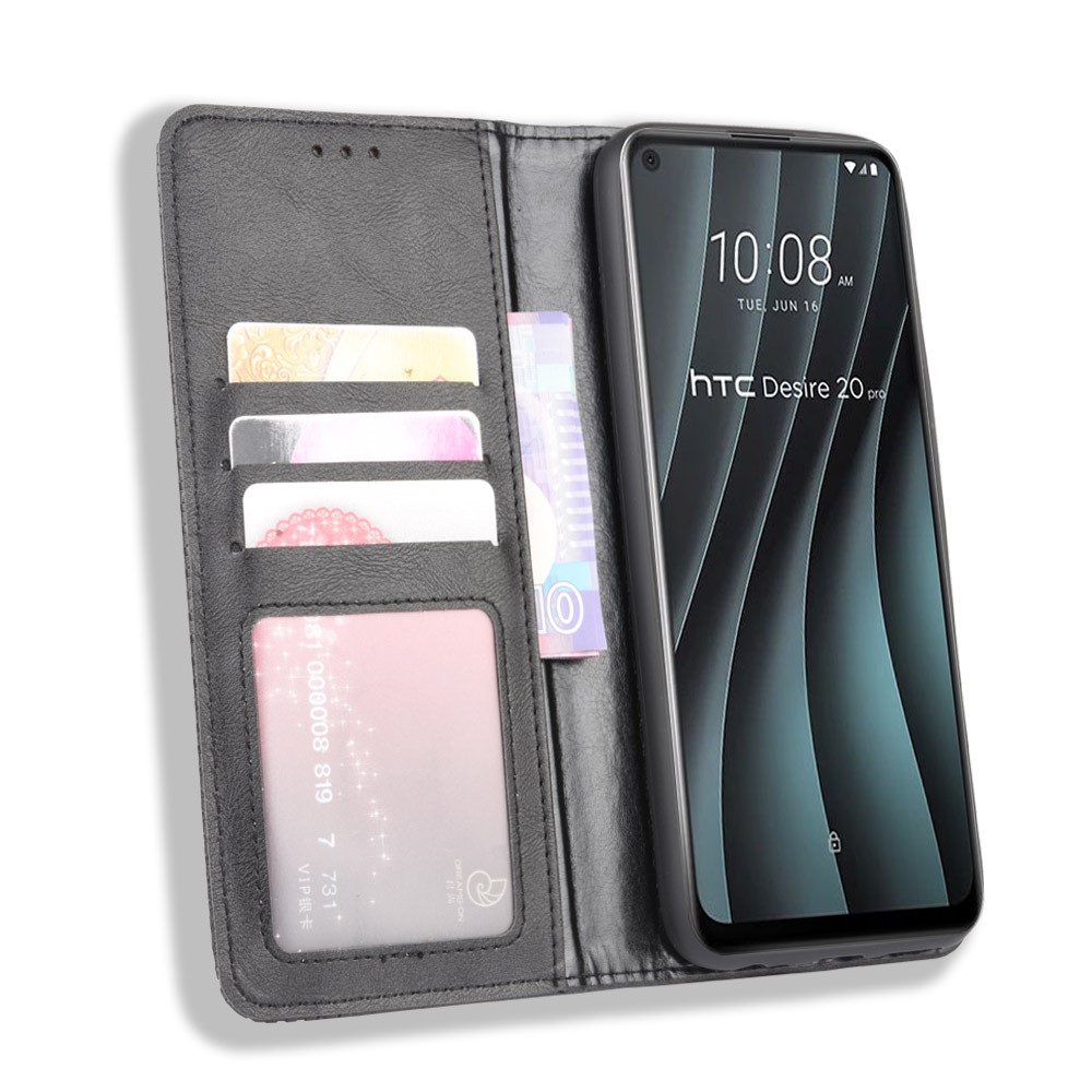 Auto-absorbed Retro Leather Wallet Mobile Shell for HTC Desire 20 Pro - Black-6