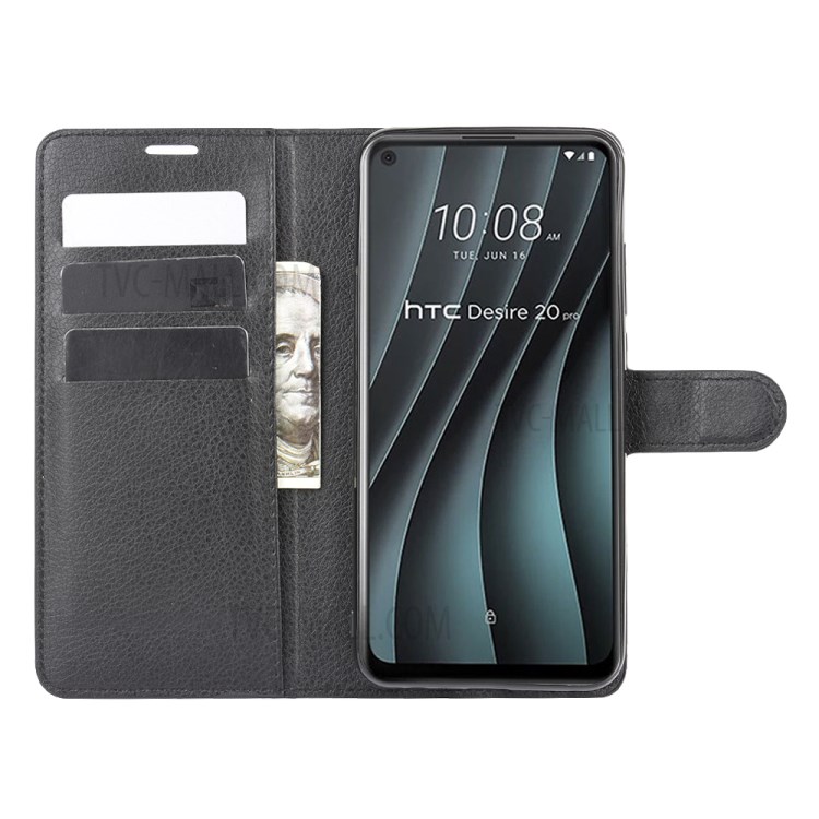 Litchi Texture Wallet Stand Leather Shell Cover for HTC Desire 20 Pro - Black-4