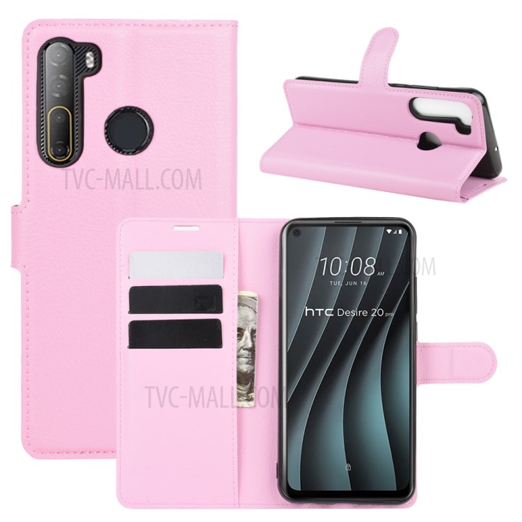 Litchi Texture Wallet Stand Leather Shell Cover for HTC Desire 20 Pro - Pink-1