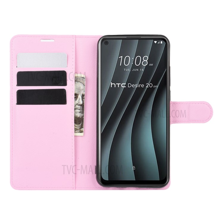 Litchi Texture Wallet Stand Leather Shell Cover for HTC Desire 20 Pro - Pink-4