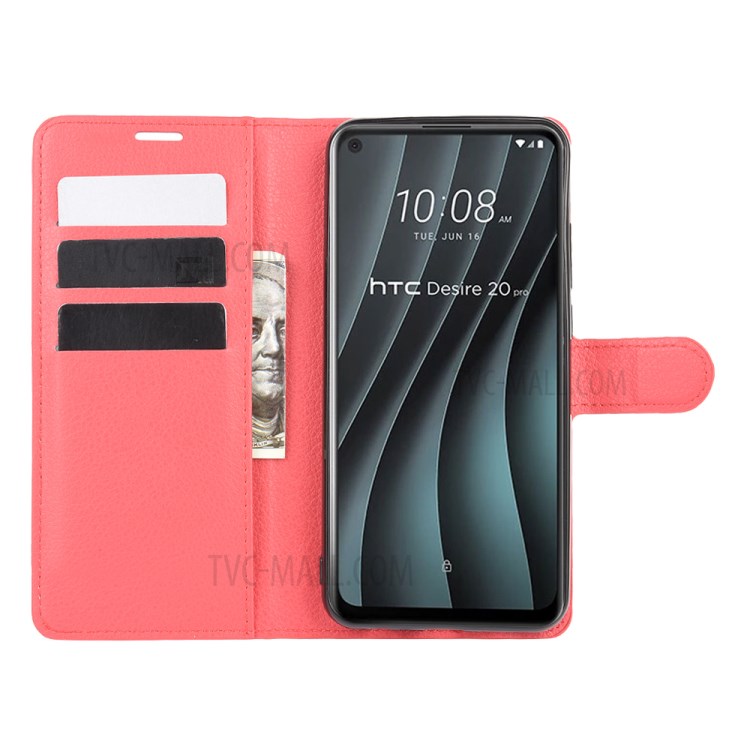 Litchi Texture Wallet Stand Leather Shell Cover for HTC Desire 20 Pro - Red-4