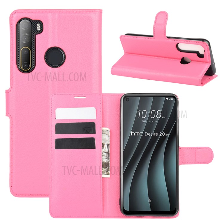 Litchi Texture Wallet Stand Leather Shell Cover for HTC Desire 20 Pro - Rose-1