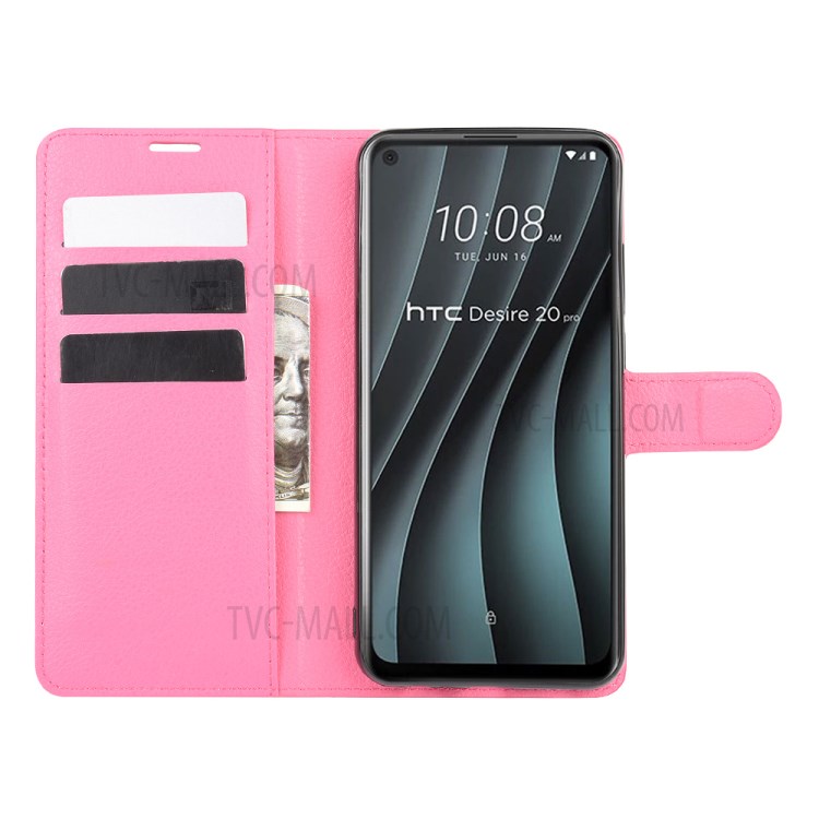 Litchi Texture Wallet Stand Leather Shell Cover for HTC Desire 20 Pro - Rose-4