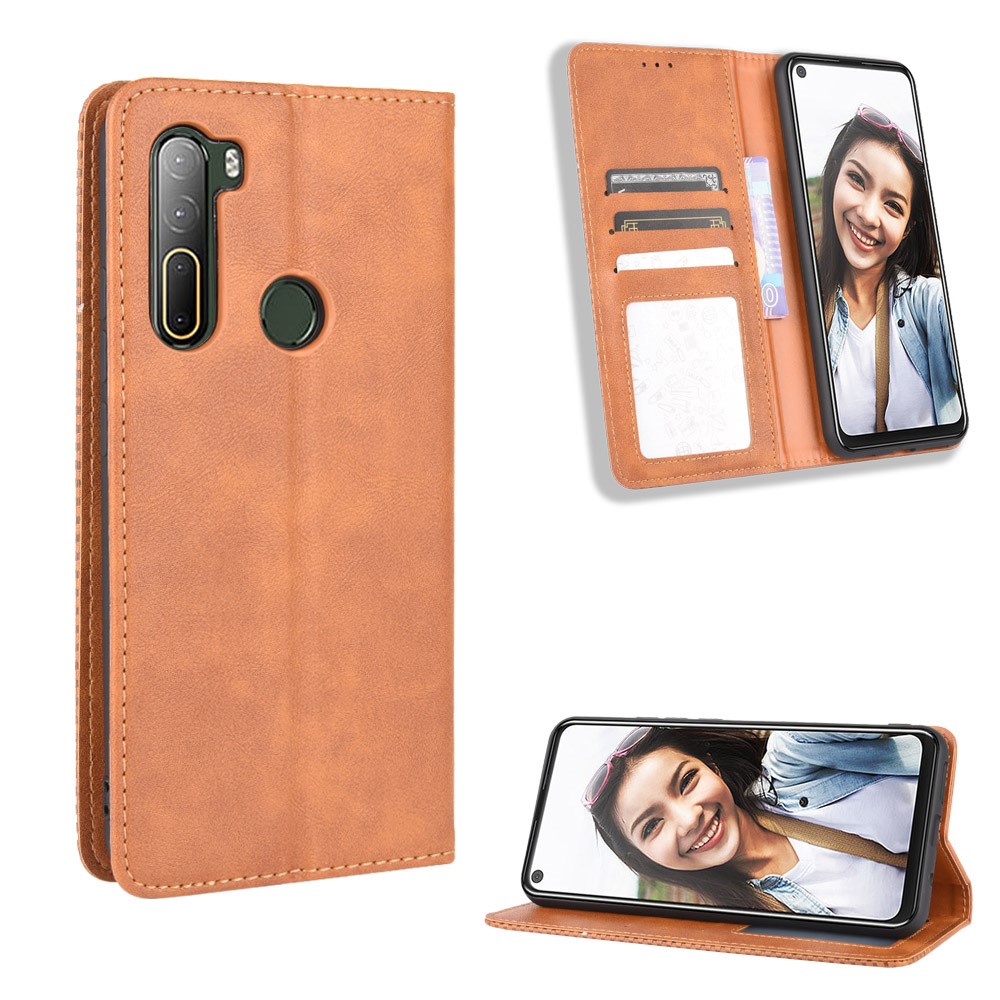 Vintage Style Wallet Leather Stand Case for HTC U20 5G (2020) - Brown-1