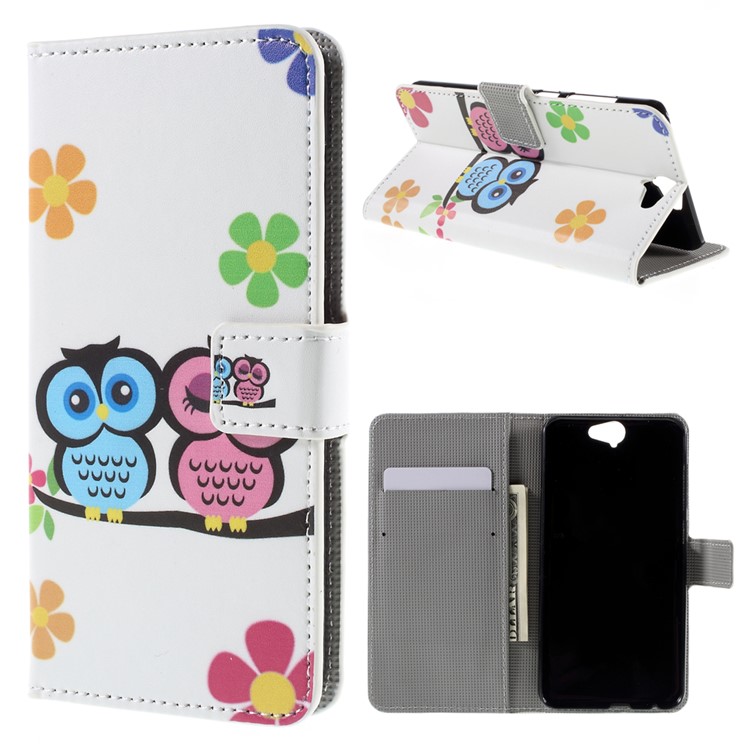 Leather Magnetic Cover with Card Slots for HTC One A9 - Adorable Owls and Flowers-1