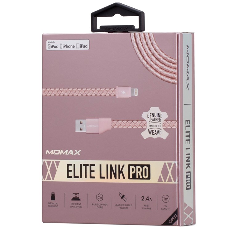 MOMAX Genuine Leather Series MFI Woven Pattern Lightning 8pin USB Data Sync Charging Cable - Rose Gold Color-10