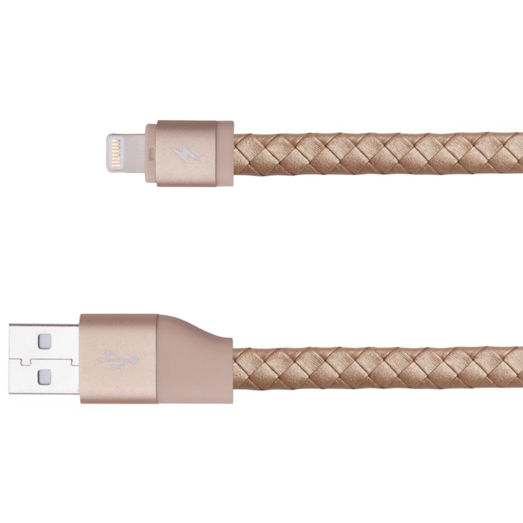 MOMAX Genuine Leather Series MFI Woven Pattern Lightning 8pin USB Sync Charging Cord - Champagne Gold Color-2