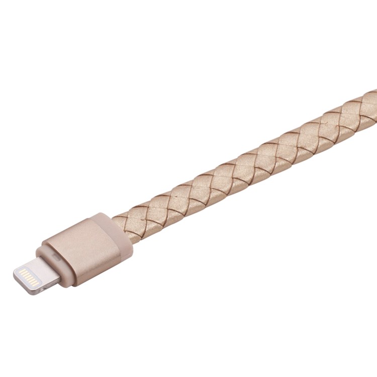 MOMAX Genuine Leather Series MFI Woven Pattern Lightning 8pin USB Sync Charging Cord - Champagne Gold Color-4