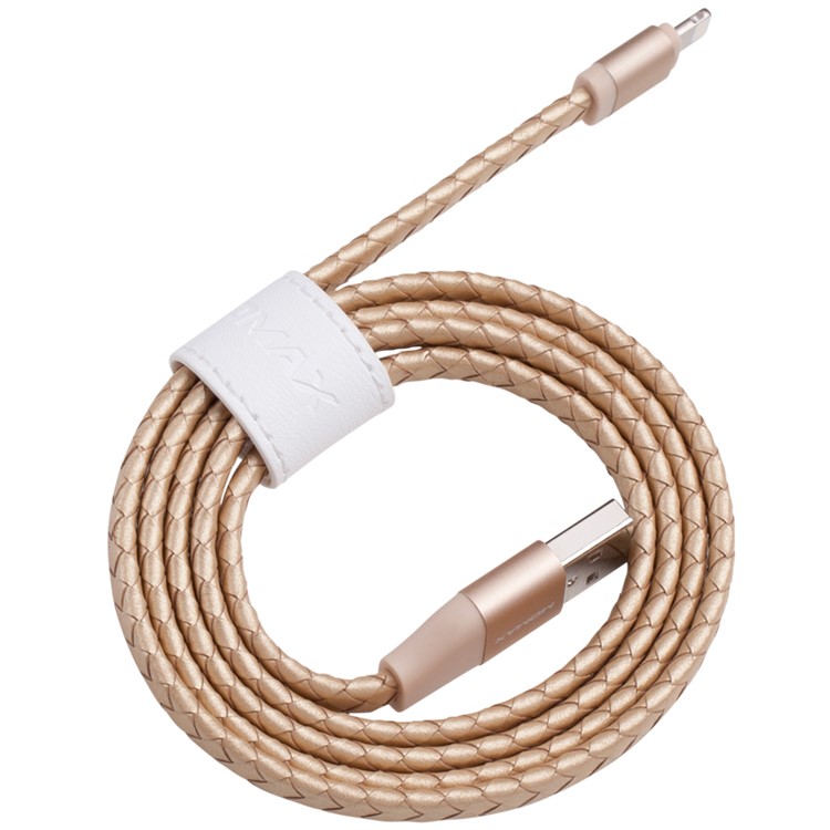 MOMAX Genuine Leather Series MFI Woven Pattern Lightning 8pin USB Sync Charging Cord - Champagne Gold Color-5