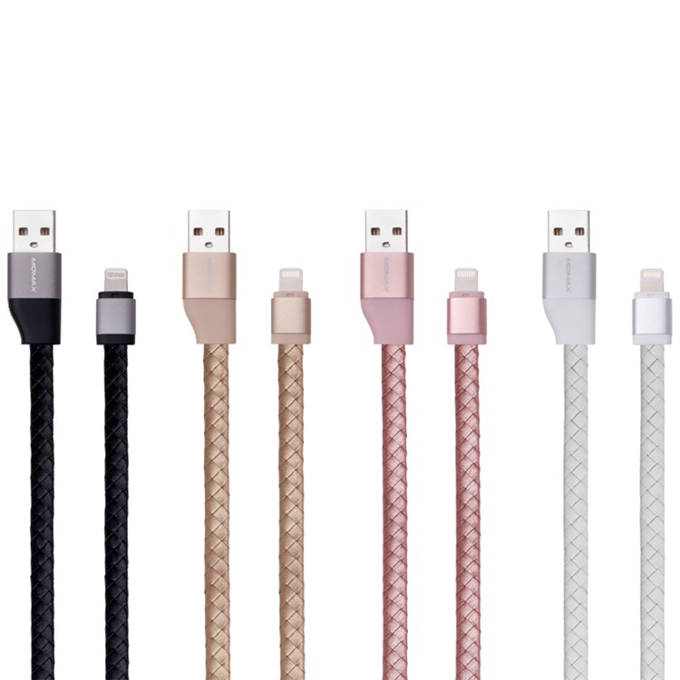 MOMAX Genuine Leather Series MFI Woven Pattern Lightning 8pin USB Sync Charging Cord - Champagne Gold Color-6
