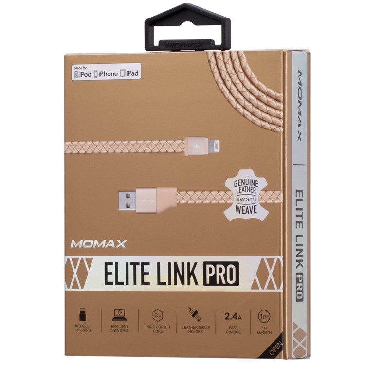 MOMAX Genuine Leather Series MFI Woven Pattern Lightning 8pin USB Sync Charging Cord - Champagne Gold Color-7
