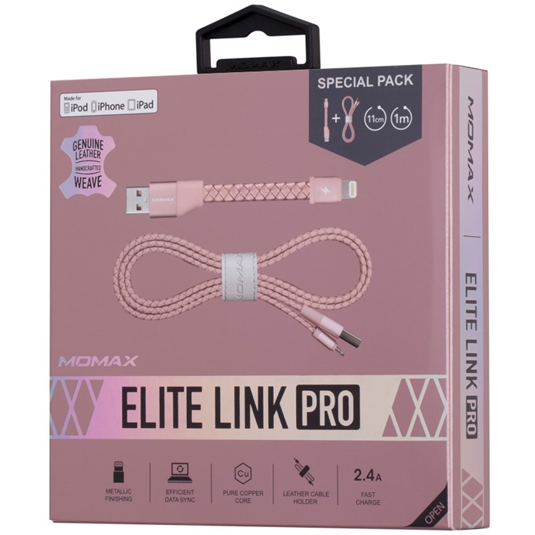 MOMAX MFI Genuine Leather Woven Lightning 8pin Cable Kit for iPhone iPad iPod (11cm+1m) - Rose Gold-18