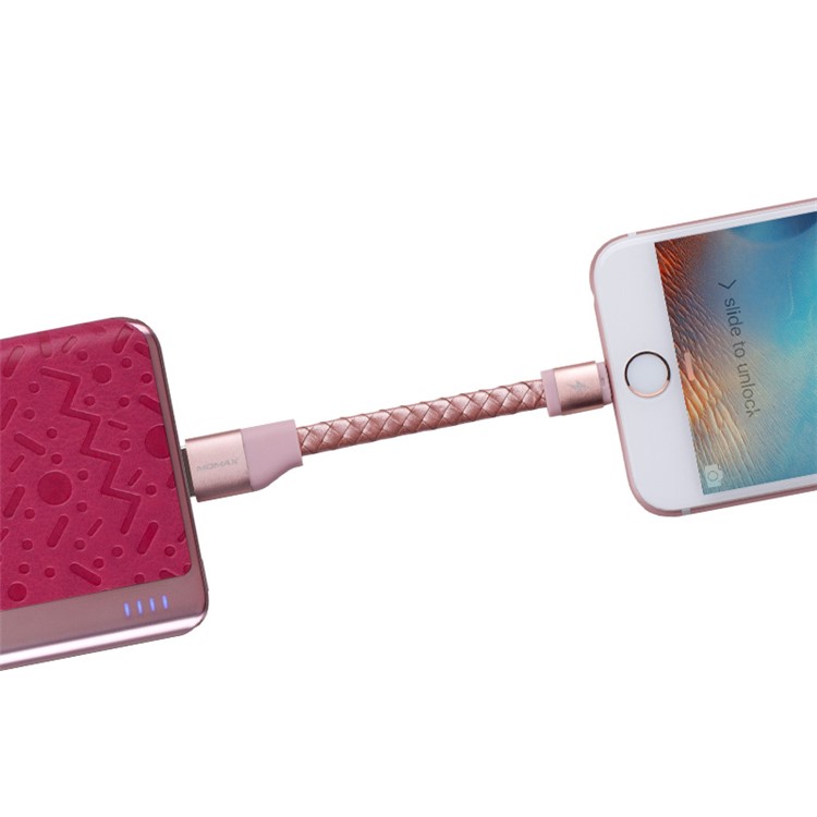 MOMAX MFI Genuine Leather Woven Lightning 8pin Cable Kit for iPhone iPad iPod (11cm+1m) - Rose Gold-6