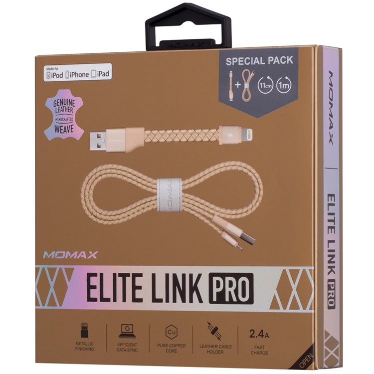 MOMAX MFI Genuine Leather Woven Lightning 8pin Cable Kit for iPhone iPad iPod (11cm+1m) - Gold-16