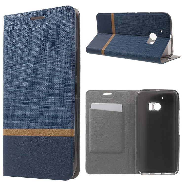Cross Texture Stand Leather Shell for HTC 10 with Manganese Steel Sheet - Dark Blue-1