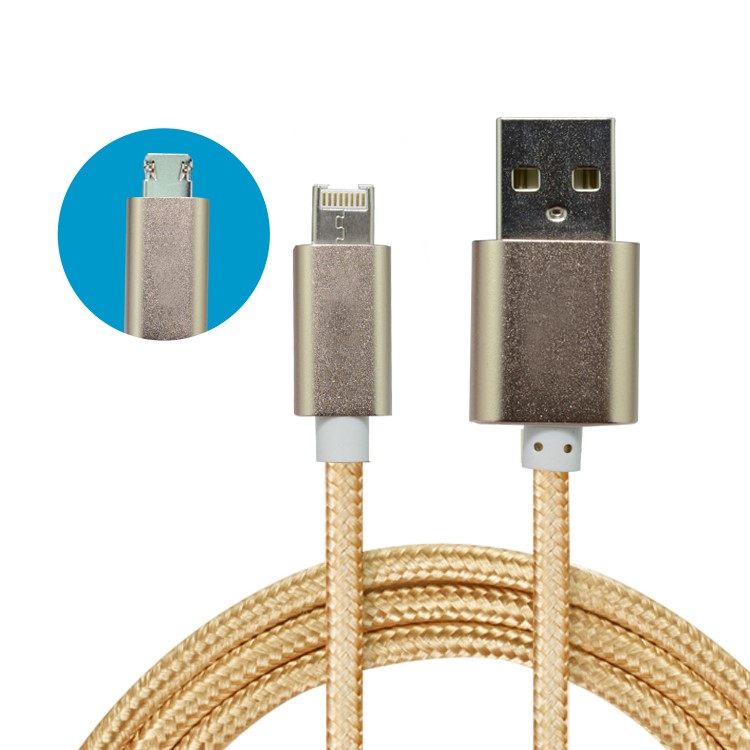SEZU 2-in-1 8-pin & Micro USB Braided Nylon Data Charging Cable for iPhone/Samsung - Gold-1