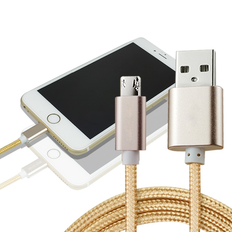 SEZU 2-in-1 8-pin & Micro USB Braided Nylon Data Charging Cable for iPhone/Samsung - Gold-2