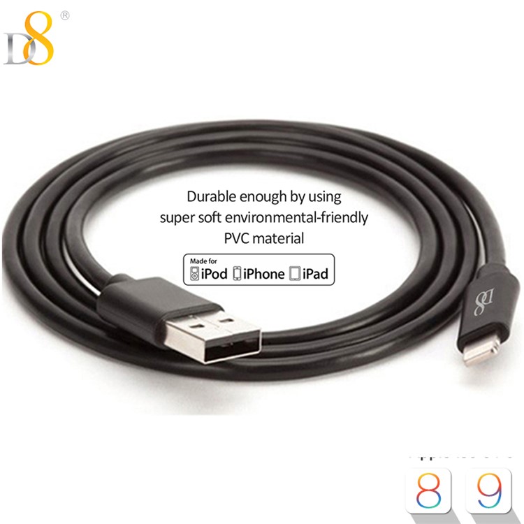 D8 MFI Certified 1m PVC Lightning 8pin Charge Data Cable for iPhone iPad iPod - Black-3