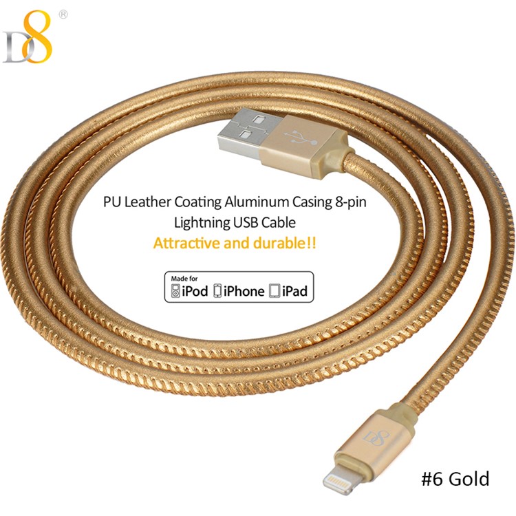 D8 MFI Certified PU Leather Lightning 8pin Charge Sync Cord - Gold Color-1