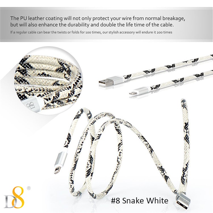D8 MFI Certified PU Leather Lightning 8pin USB Charge Data Cord - Snake White-1