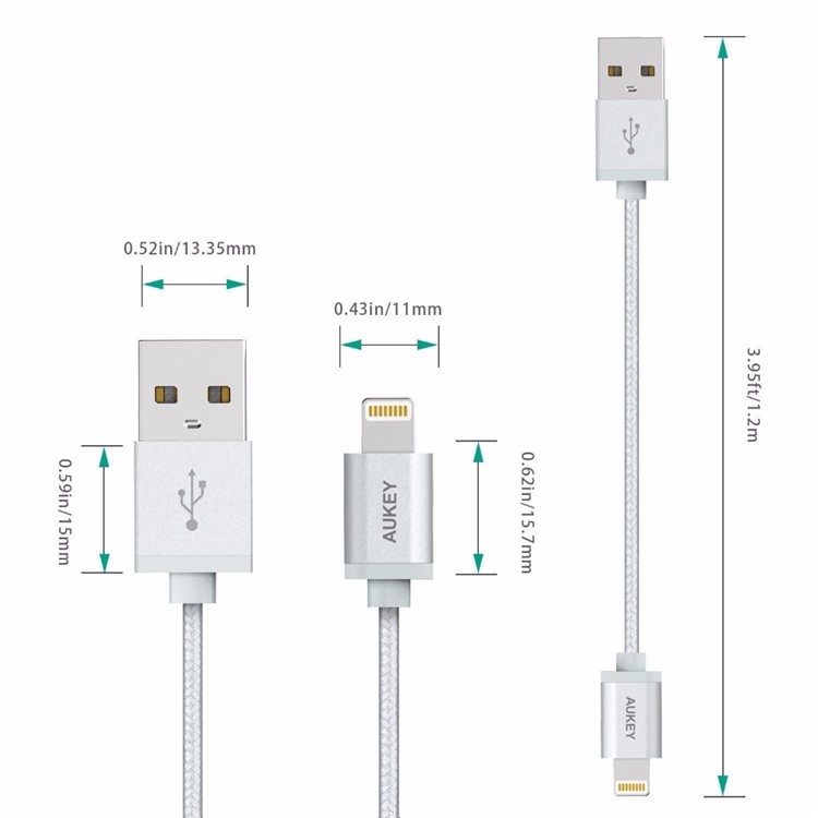 AUKEY Nylon Braided Lightning 8pin USB Sync Charge Cord 1.2m (MFI Certified) - Silver Color-2