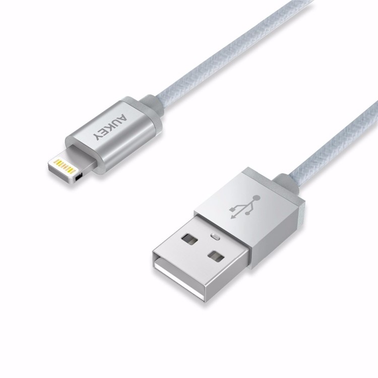 AUKEY Nylon Braided Lightning 8pin USB Sync Charge Cord 1.2m (MFI Certified) - Silver Color-3