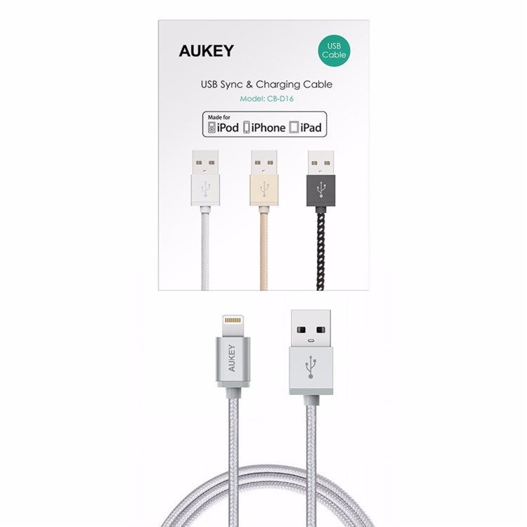 AUKEY Nylon Braided Lightning 8pin USB Sync Charge Cord 1.2m (MFI Certified) - Silver Color-5