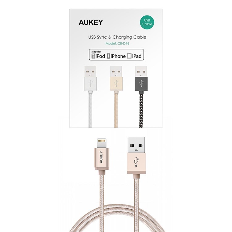 AUKEY Nylon Braided MFI Certified Lightning 8pin USB Sync Charge Cable 1.2m - Gold Color-2