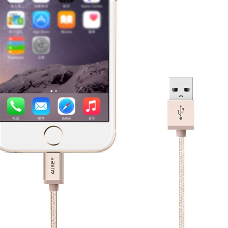 AUKEY Nylon Braided MFI Certified Lightning 8pin USB Sync Charge Cable 1.2m - Gold Color-3