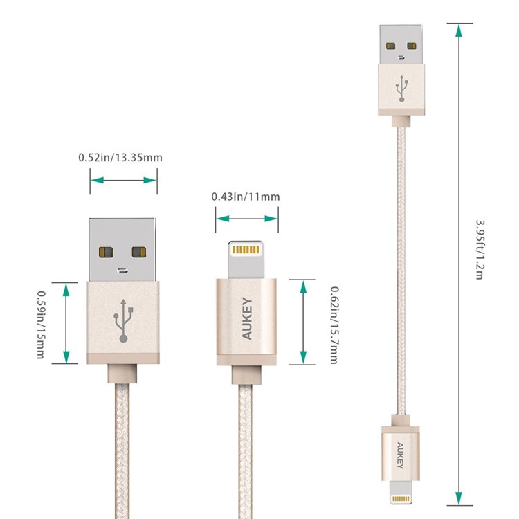 AUKEY Nylon Braided MFI Certified Lightning 8pin USB Sync Charge Cable 1.2m - Gold Color-4